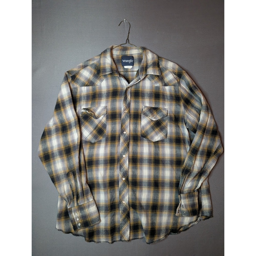 Wrangler Western Shirt Men XL Yellow Blue Plaid Flannel Cotton Pearl Snap Cowboy